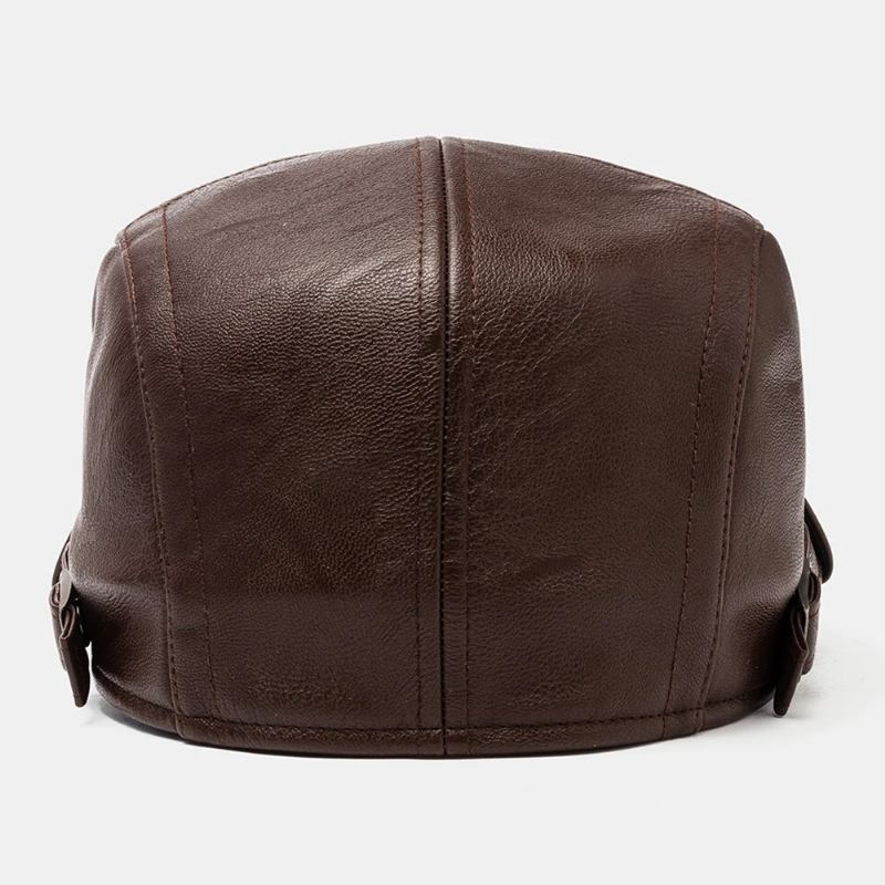 Menn Pu-skinnsøm Stitched Beret Cap Retro All-match Justerbar Flat Top Cap