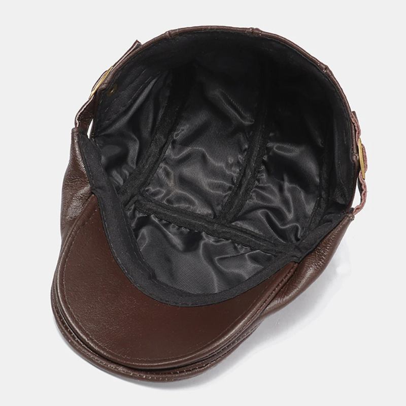 Menn Pu-skinnsøm Stitched Beret Cap Retro All-match Justerbar Flat Top Cap