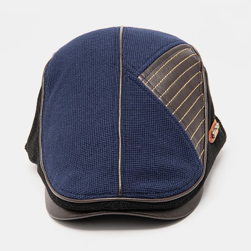 Menn Pustende Strikket Uregelmessig Pu-skjøting Flat Cap Læretikett Mote Wild Suncreen Beret Cap