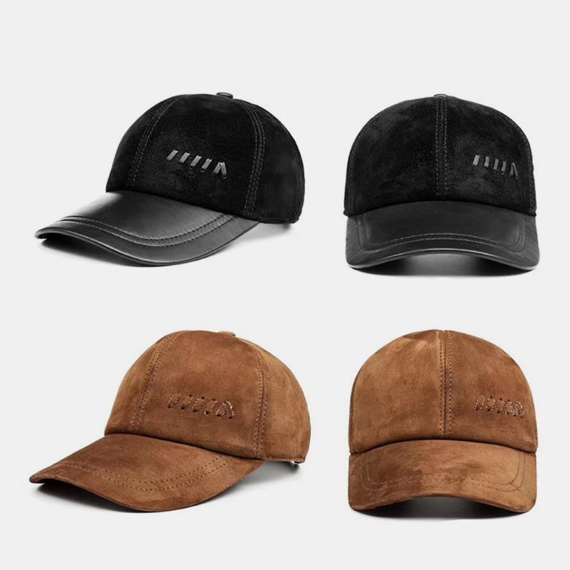 Menn Saueskinn Dome Short Rim Baseball Cap Vinter Outdoor Varm Winproof Leather Hat