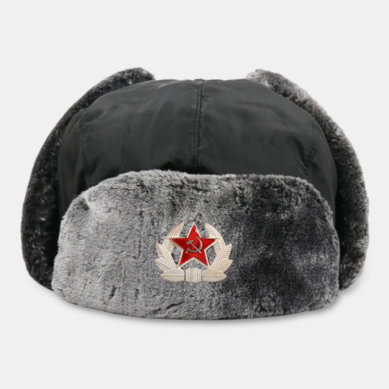 Menn Solid Soviet Badge Vindtett Trapper Hat Utendørs Tykk Ørebeskyttelse Varm Russisk Hat Ushanka Hat