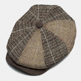 Menn Strikket Pinstripe Rutet Kypert Stoff Lue Brim Vintage Varme Åttekantet Lue Flat Cap