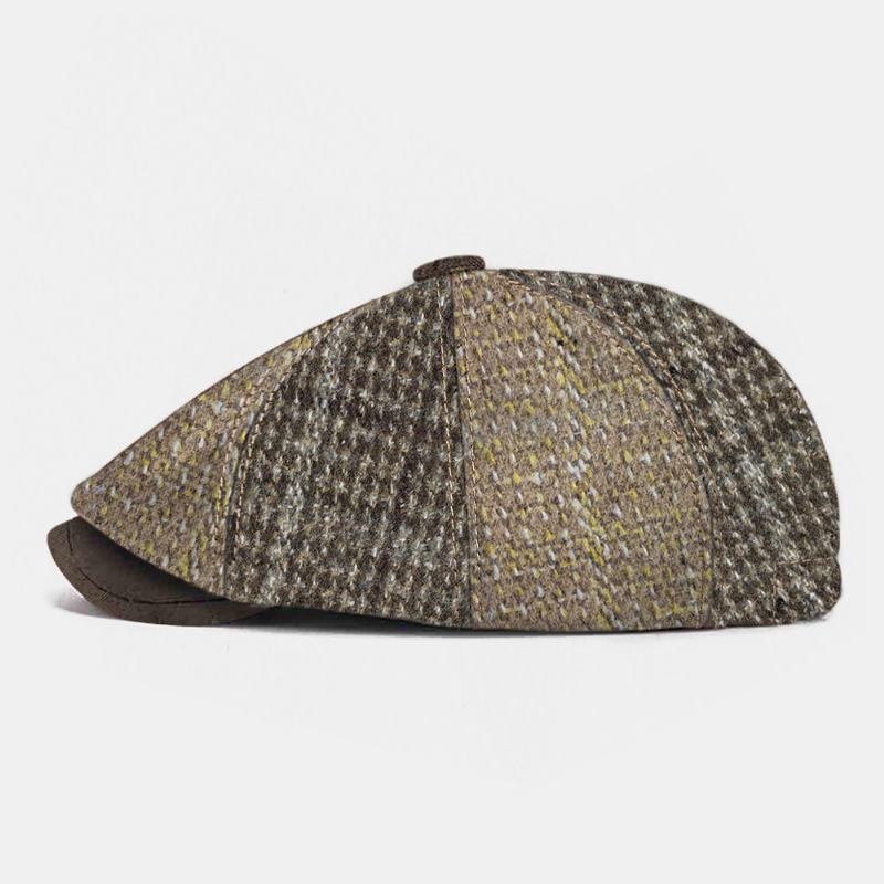 Menn Strikket Pinstripe Rutet Kypert Stoff Lue Brim Vintage Varme Åttekantet Lue Flat Cap