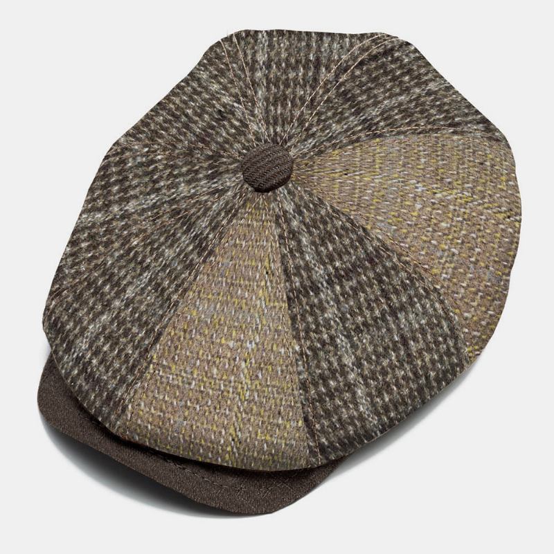 Menn Strikket Pinstripe Rutet Kypert Stoff Lue Brim Vintage Varme Åttekantet Lue Flat Cap