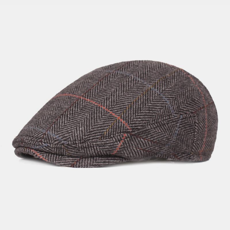 Menn Ull Sildebein Gitter Mønster Berets Britisk Retro Ørebeskyttelse Forward Hat Newsboy Hat