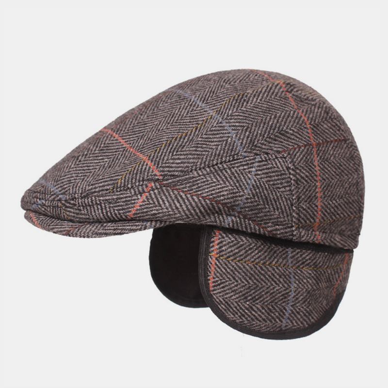 Menn Ull Sildebein Gitter Mønster Berets Britisk Retro Ørebeskyttelse Forward Hat Newsboy Hat