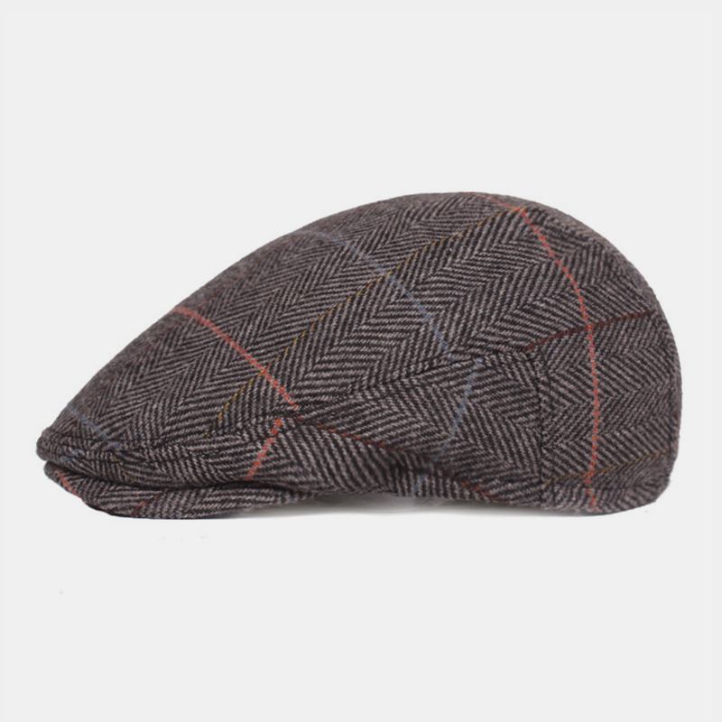 Menn Ull Sildebein Gitter Mønster Berets Britisk Retro Ørebeskyttelse Forward Hat Newsboy Hat