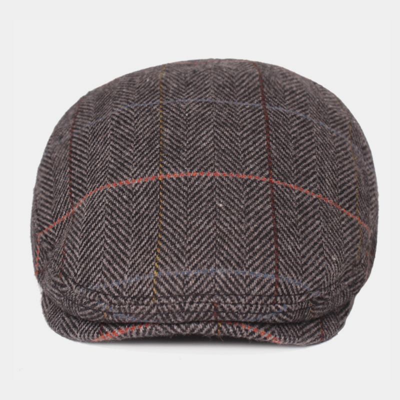 Menn Ull Sildebein Gitter Mønster Berets Britisk Retro Ørebeskyttelse Forward Hat Newsboy Hat