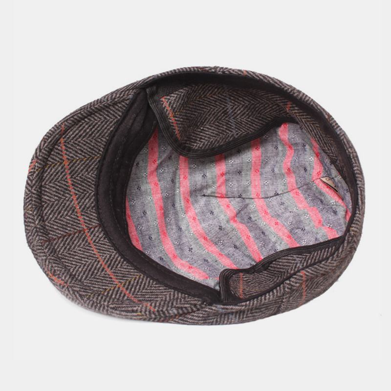 Menn Ull Sildebein Gitter Mønster Berets Britisk Retro Ørebeskyttelse Forward Hat Newsboy Hat