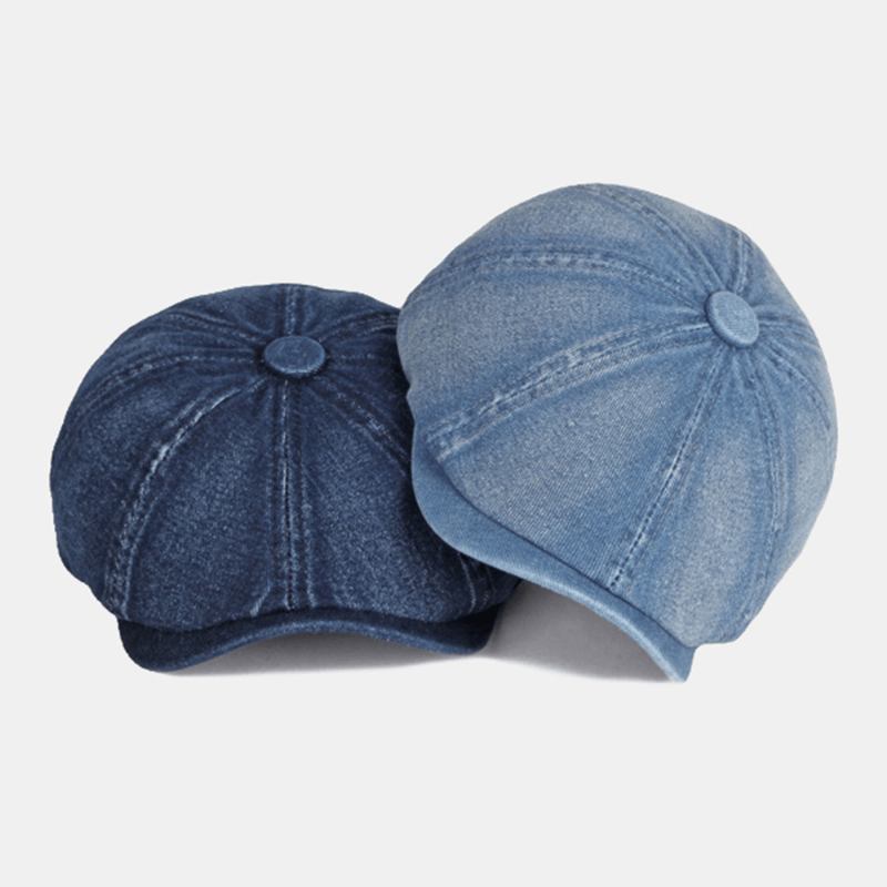 Menn Vasket Denim Rygg Elastisk Band Design Justerbar Åttekantet Hat Britisk Retro Short Rim Newsboy Hat Flat Hat Painter Hat