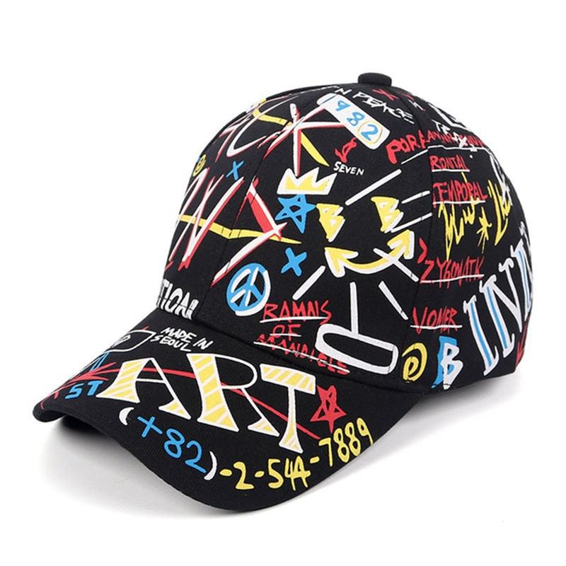 Ny What Graffiti Baseball Cap Hip Hop Tide Hat Sommer Reise Shade Caps Menn Kvinner Utendørs Sport Uformelle Hatter Snapback Hatter Gorr