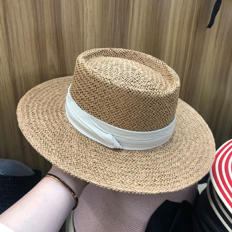 Sommerhatt Flat Stråhatt Kvinne Raffia Stråhatt Strandferie Solskygge Solhatt Fiskerhatt Nett Rød