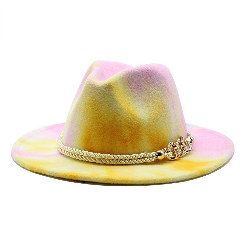 Tie-dye Rosa Ullklut Gave Mote Flat Rim Jazz Hat Filt Hat