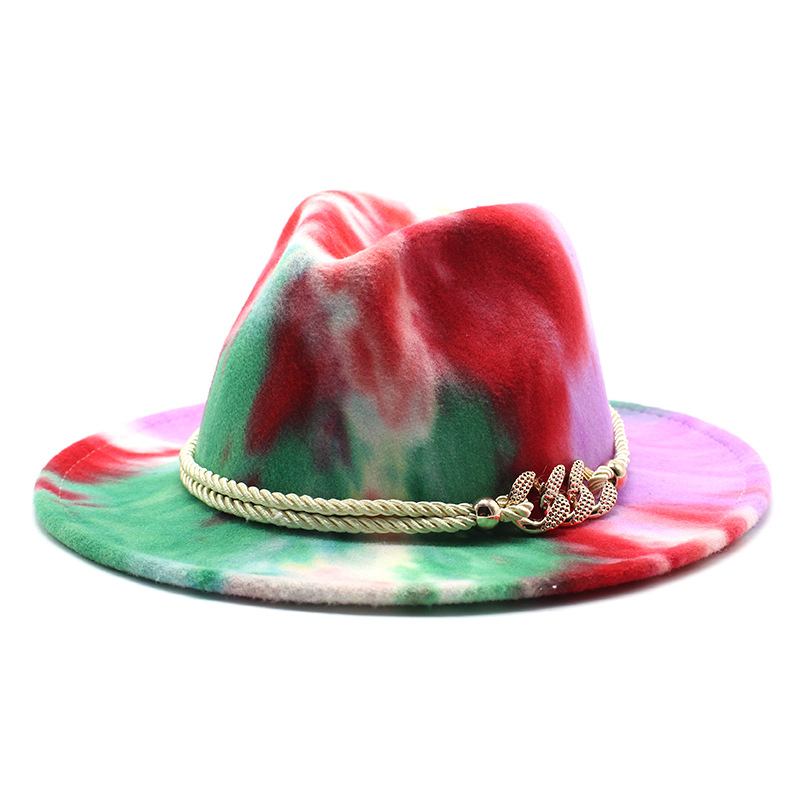 Tie-dye Rosa Ullklut Gave Mote Flat Rim Jazz Hat Filt Hat