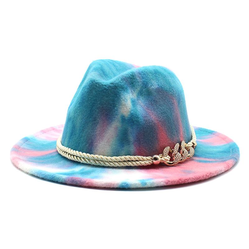 Tie-dye Rosa Ullklut Gave Mote Flat Rim Jazz Hat Filt Hat