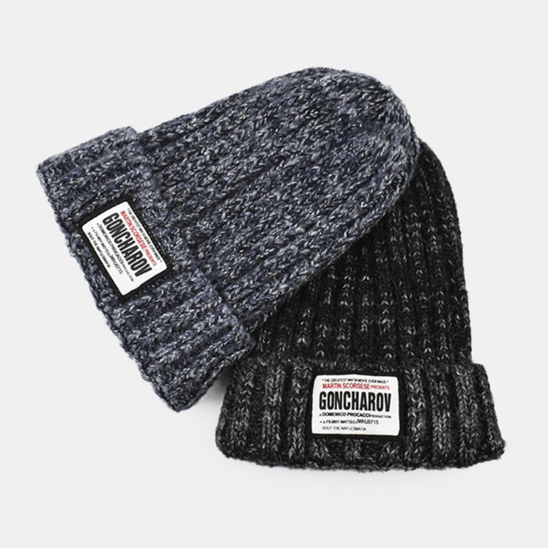 Unisex Blandet Farge Strikket Jacquard Letter Cloth Patch All-match Warm Beanie Hat