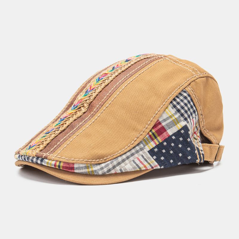 Unisex Bomull Patchwork Regnbuefarget Vevd Stråtau Dekorasjon Uformell All-match Beret Flat Cap Ivy Cap