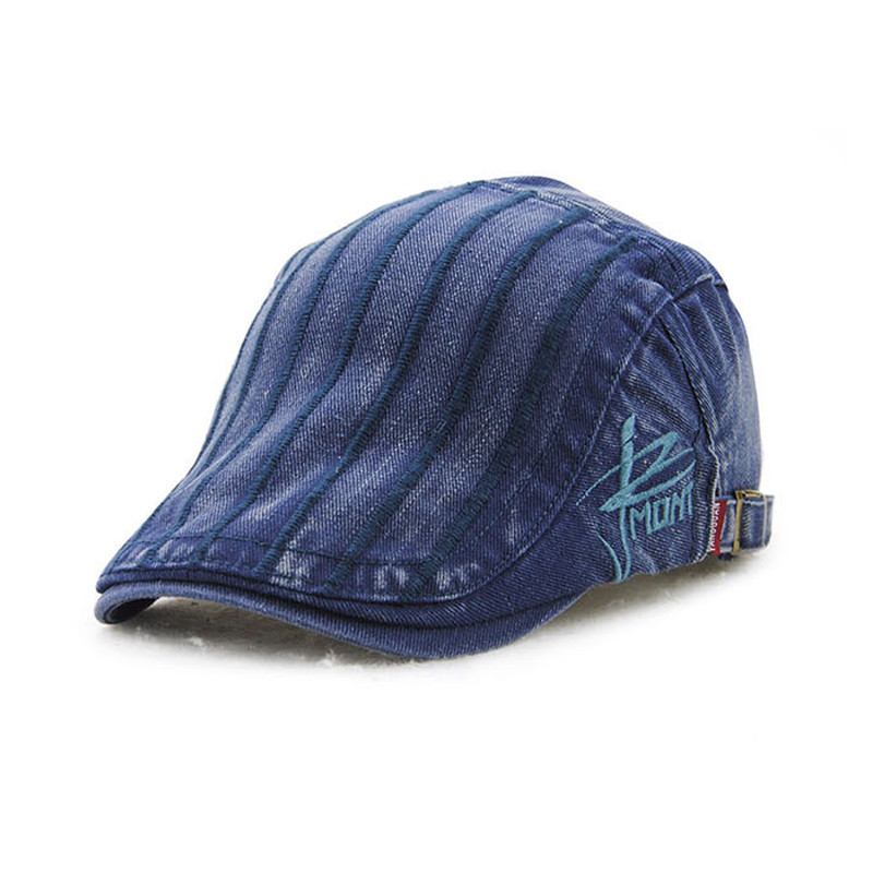 Unisex Bomullsbroderi Stripe Baskerhatt Andnebb Golf Flat Spenne Visir Cabbie Cap For Menn Kvinner