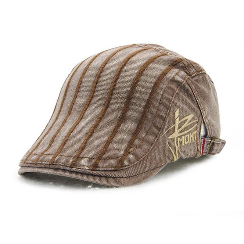 Unisex Bomullsbroderi Stripe Baskerhatt Andnebb Golf Flat Spenne Visir Cabbie Cap For Menn Kvinner