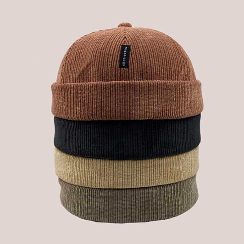 Unisex Corduroy Label Patch Skull Cap Uformell Utendørs Høst Vinter Varm Justerbar Brimless Beanie Landlord Cap