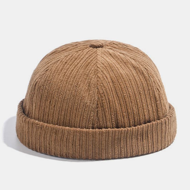 Unisex Corduroy Papir Fly Patch Stripe Hat Høst Vinter Varm Justerbar Retro Brimless Beanie Utleier Cap Skull Cap