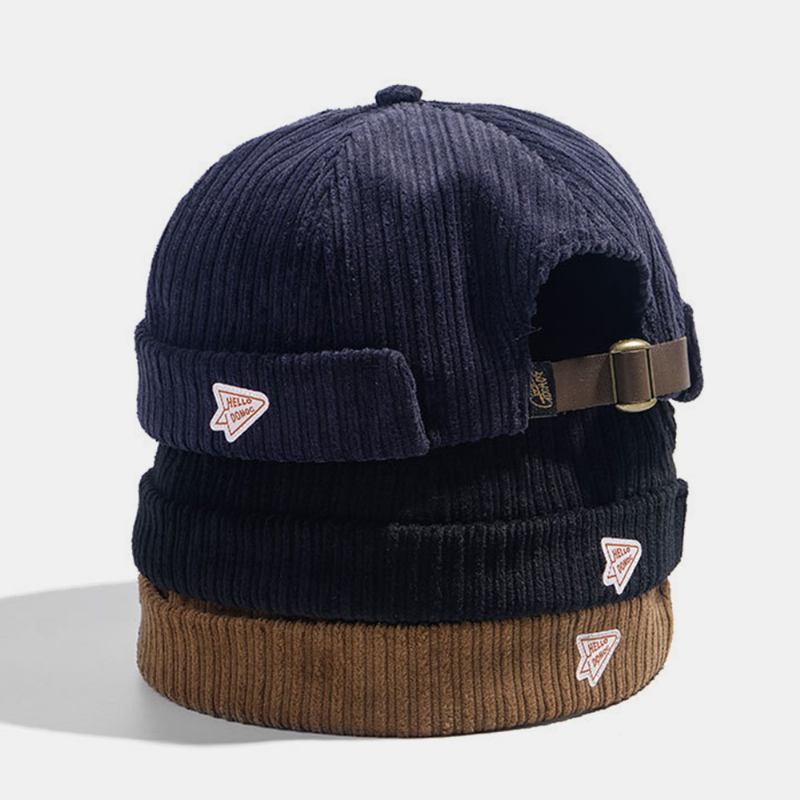 Unisex Corduroy Papir Fly Patch Stripe Hat Høst Vinter Varm Justerbar Retro Brimless Beanie Utleier Cap Skull Cap