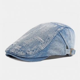 Unisex Denim Vasket Make-gammelt Hull Pustende Uformelt Solskjerming Fremre Lue Beret Lue Flat Lue