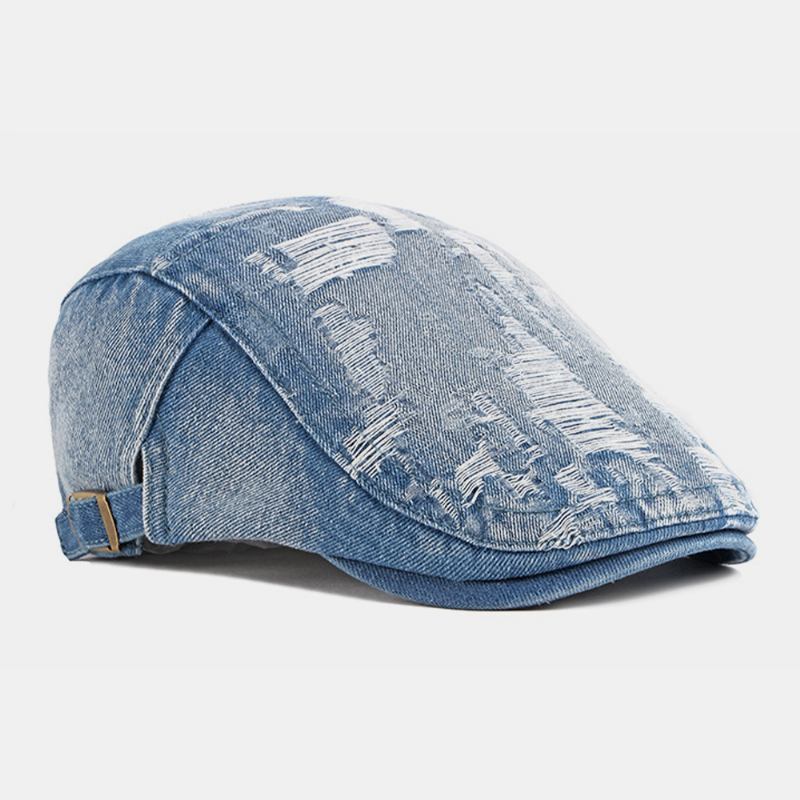 Unisex Denim Vasket Make-gammelt Hull Pustende Uformelt Solskjerming Fremre Lue Beret Lue Flat Lue