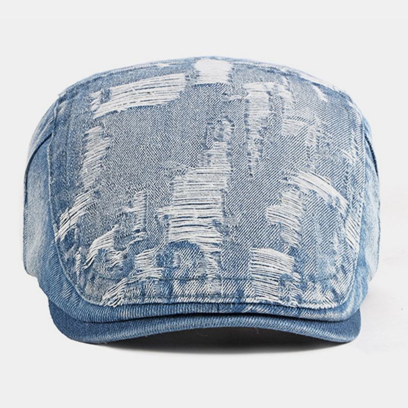 Unisex Denim Vasket Make-gammelt Hull Pustende Uformelt Solskjerming Fremre Lue Beret Lue Flat Lue