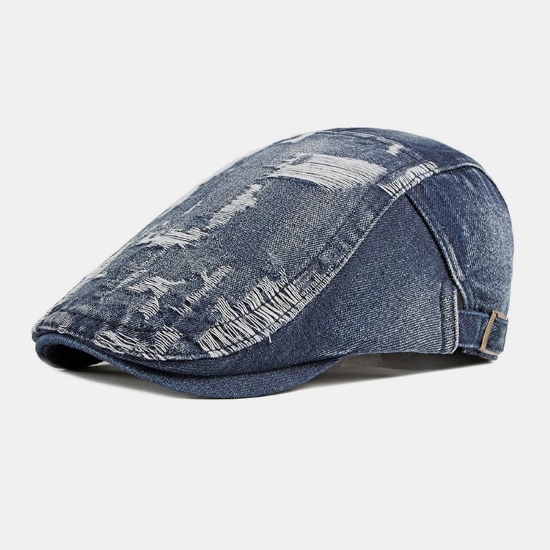 Unisex Denim Vasket Make-gammelt Hull Pustende Uformelt Solskjerming Fremre Lue Beret Lue Flat Lue