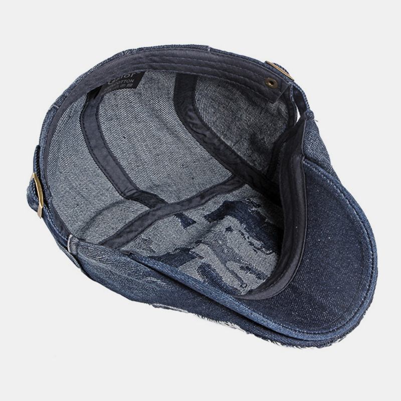 Unisex Denim Vasket Make-gammelt Hull Pustende Uformelt Solskjerming Fremre Lue Beret Lue Flat Lue