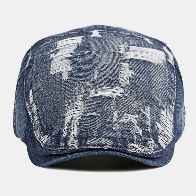 Unisex Denim Vasket Make-gammelt Hull Pustende Uformelt Solskjerming Fremre Lue Beret Lue Flat Lue