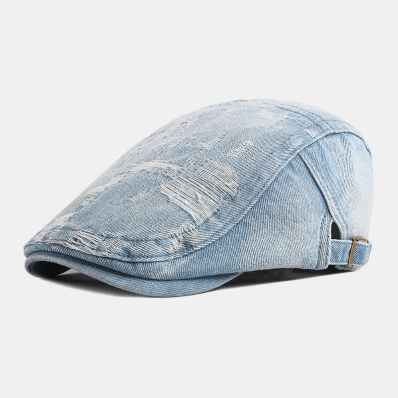 Unisex Denim Vasket Make-gammelt Hull Pustende Uformelt Solskjerming Fremre Lue Beret Lue Flat Lue