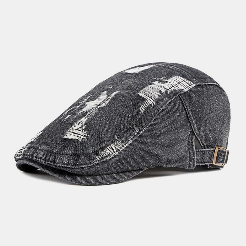 Unisex Denim Vasket Make-gammelt Hull Pustende Uformelt Solskjerming Fremre Lue Beret Lue Flat Lue