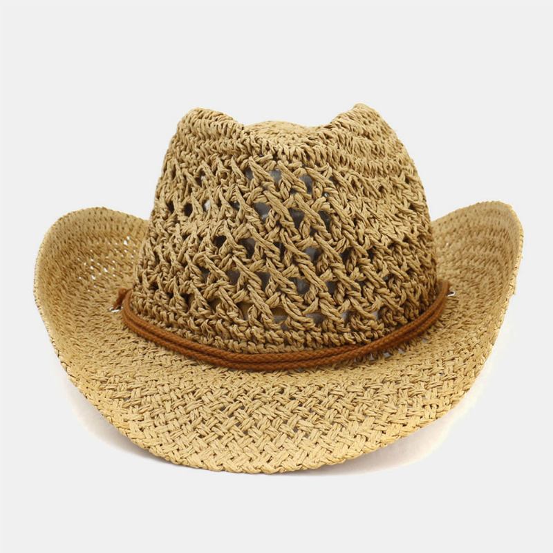 Unisex Håndlaget Solkrem Reise Strandsolhatt Cowboystil Panamalue Stråhatt Med Justerbar Streng