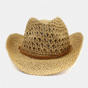 Unisex Håndlaget Solkrem Reise Strandsolhatt Cowboystil Panamalue Stråhatt Med Justerbar Streng