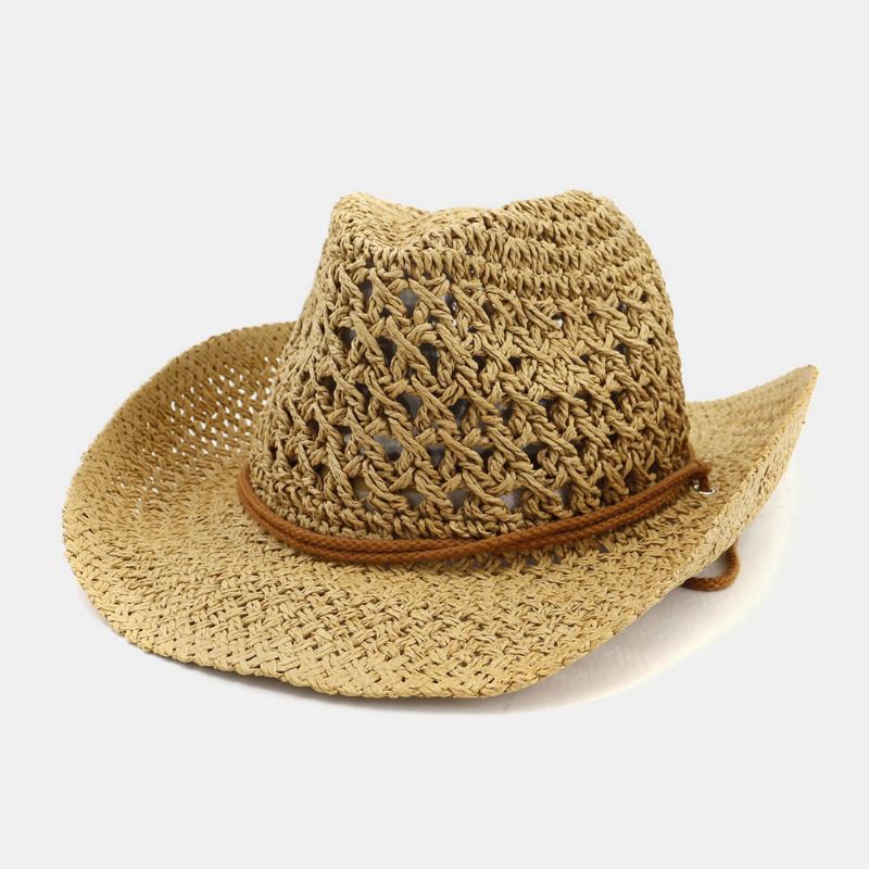 Unisex Håndlaget Solkrem Reise Strandsolhatt Cowboystil Panamalue Stråhatt Med Justerbar Streng