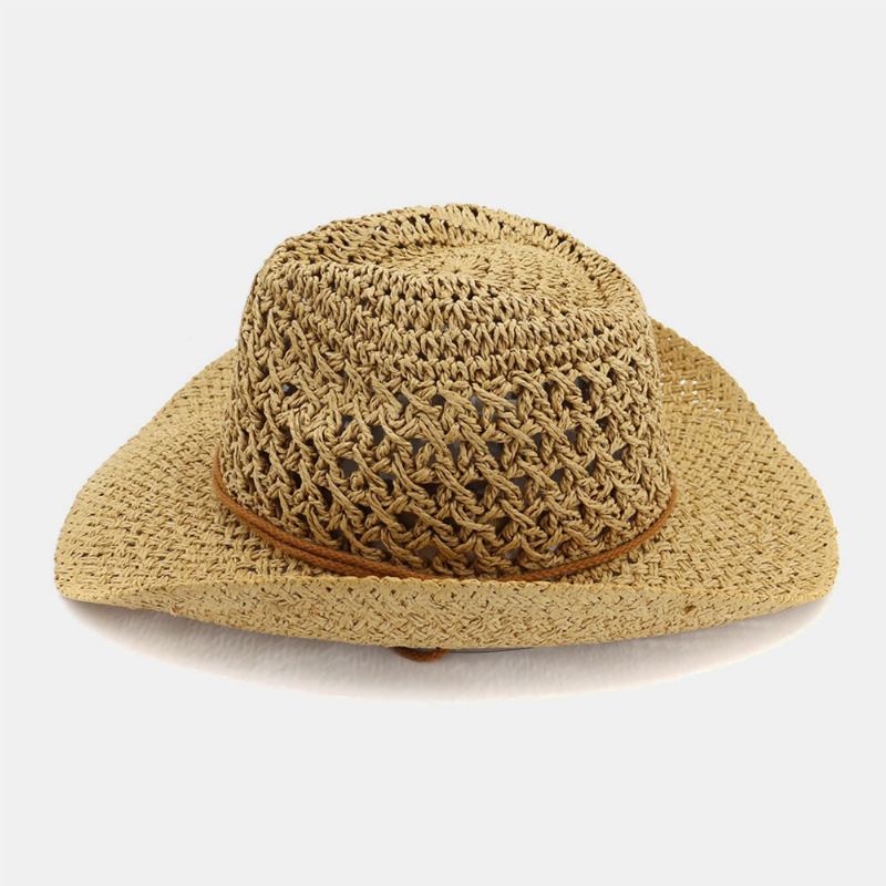 Unisex Håndlaget Solkrem Reise Strandsolhatt Cowboystil Panamalue Stråhatt Med Justerbar Streng