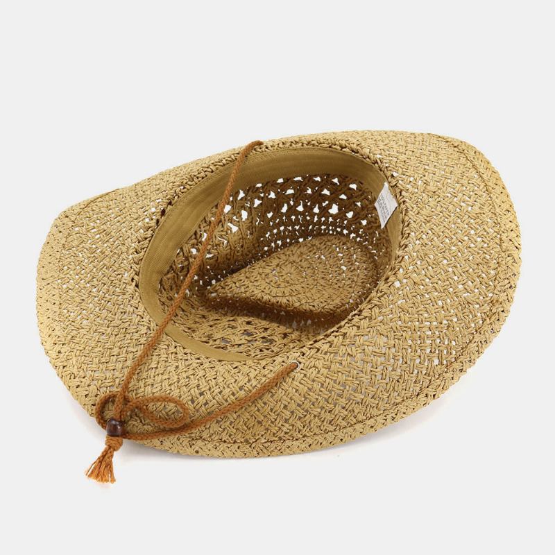 Unisex Håndlaget Solkrem Reise Strandsolhatt Cowboystil Panamalue Stråhatt Med Justerbar Streng