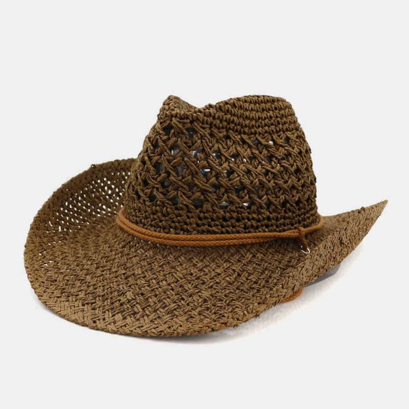 Unisex Håndlaget Solkrem Reise Strandsolhatt Cowboystil Panamalue Stråhatt Med Justerbar Streng