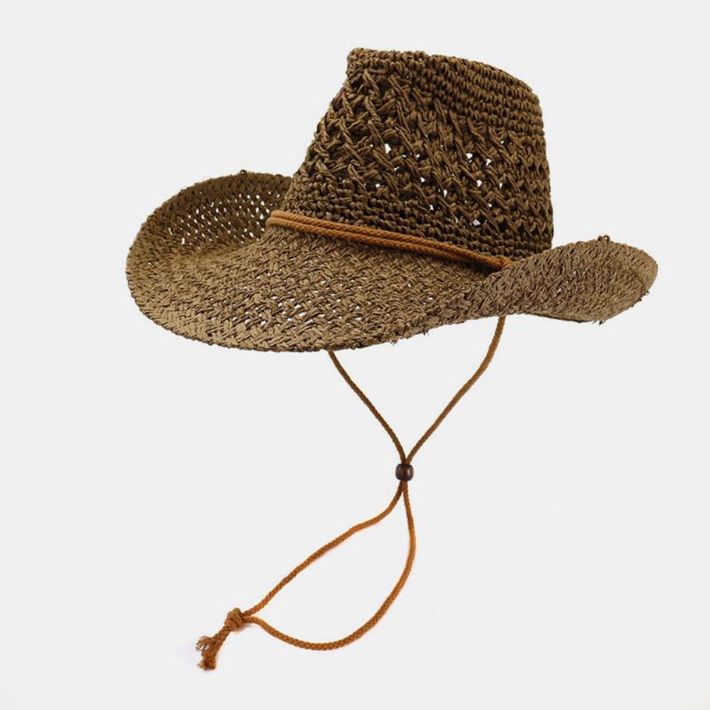 Unisex Håndlaget Solkrem Reise Strandsolhatt Cowboystil Panamalue Stråhatt Med Justerbar Streng