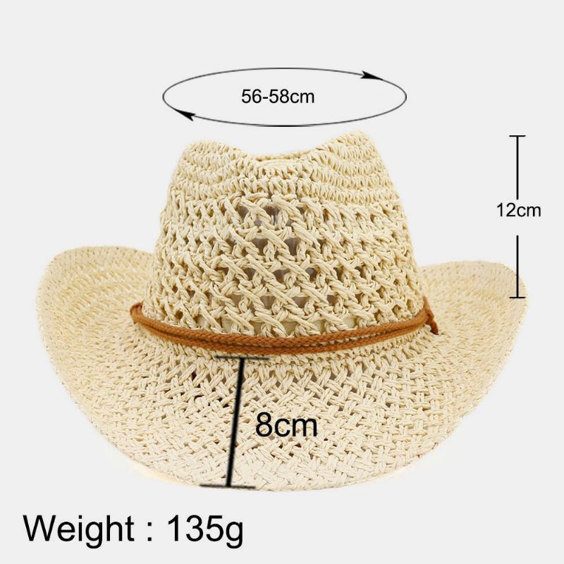 Unisex Håndlaget Solkrem Reise Strandsolhatt Cowboystil Panamalue Stråhatt Med Justerbar Streng