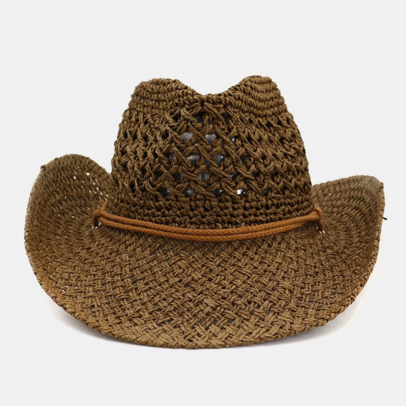 Unisex Håndlaget Solkrem Reise Strandsolhatt Cowboystil Panamalue Stråhatt Med Justerbar Streng