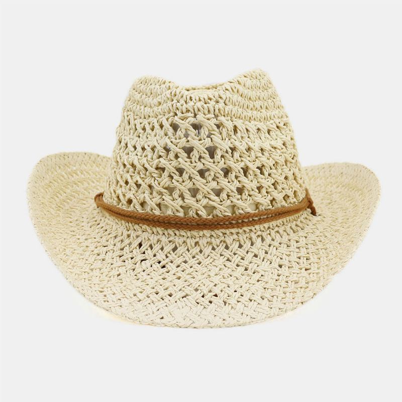 Unisex Håndlaget Solkrem Reise Strandsolhatt Cowboystil Panamalue Stråhatt Med Justerbar Streng