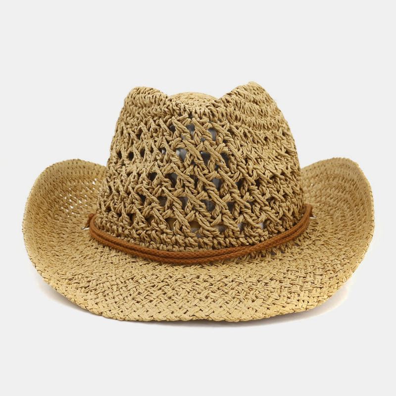 Unisex Håndlaget Solkrem Reise Strandsolhatt Cowboystil Panamalue Stråhatt Med Justerbar Streng