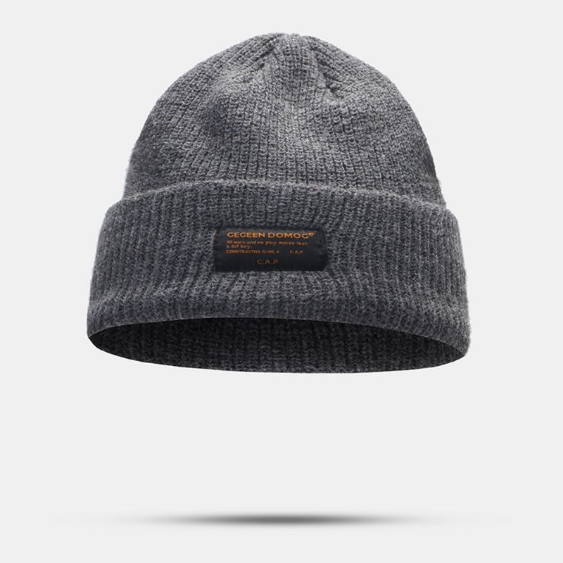 Unisex Ull Letter Label Patch Strikket Lue Retro Uformell Vinter Varm Justerbar Brimless Beanie Cap