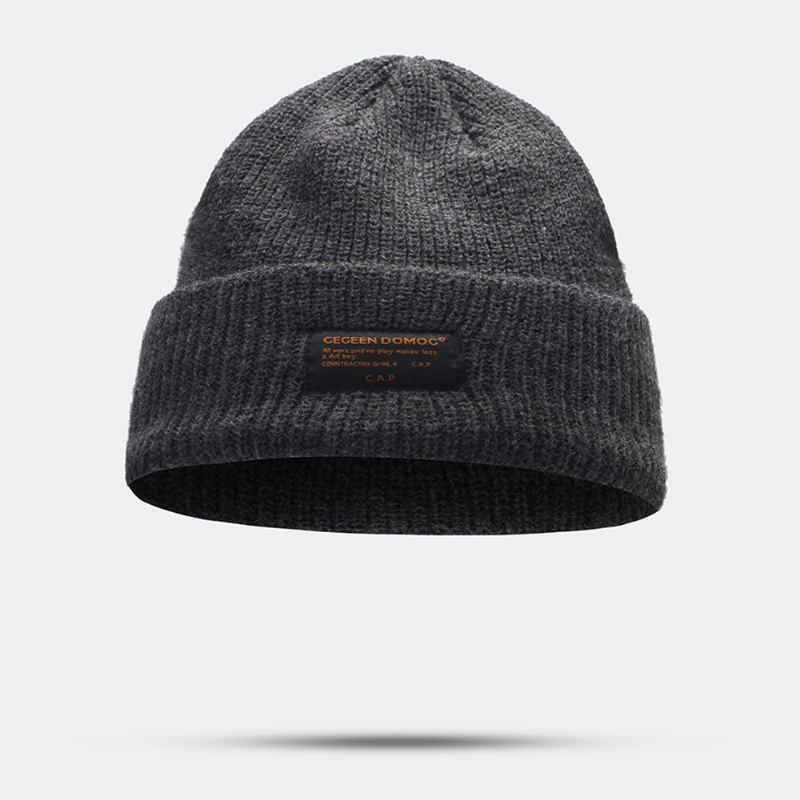 Unisex Ull Letter Label Patch Strikket Lue Retro Uformell Vinter Varm Justerbar Brimless Beanie Cap