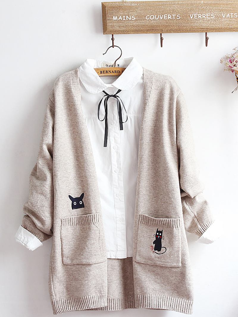 Broderi Katt Strikke Long Genser Cardigans