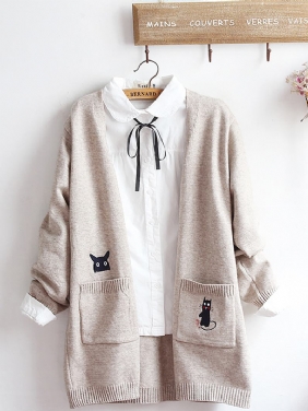 Broderi Katt Strikke Long Genser Cardigans