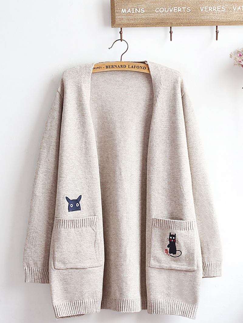 Broderi Katt Strikke Long Genser Cardigans